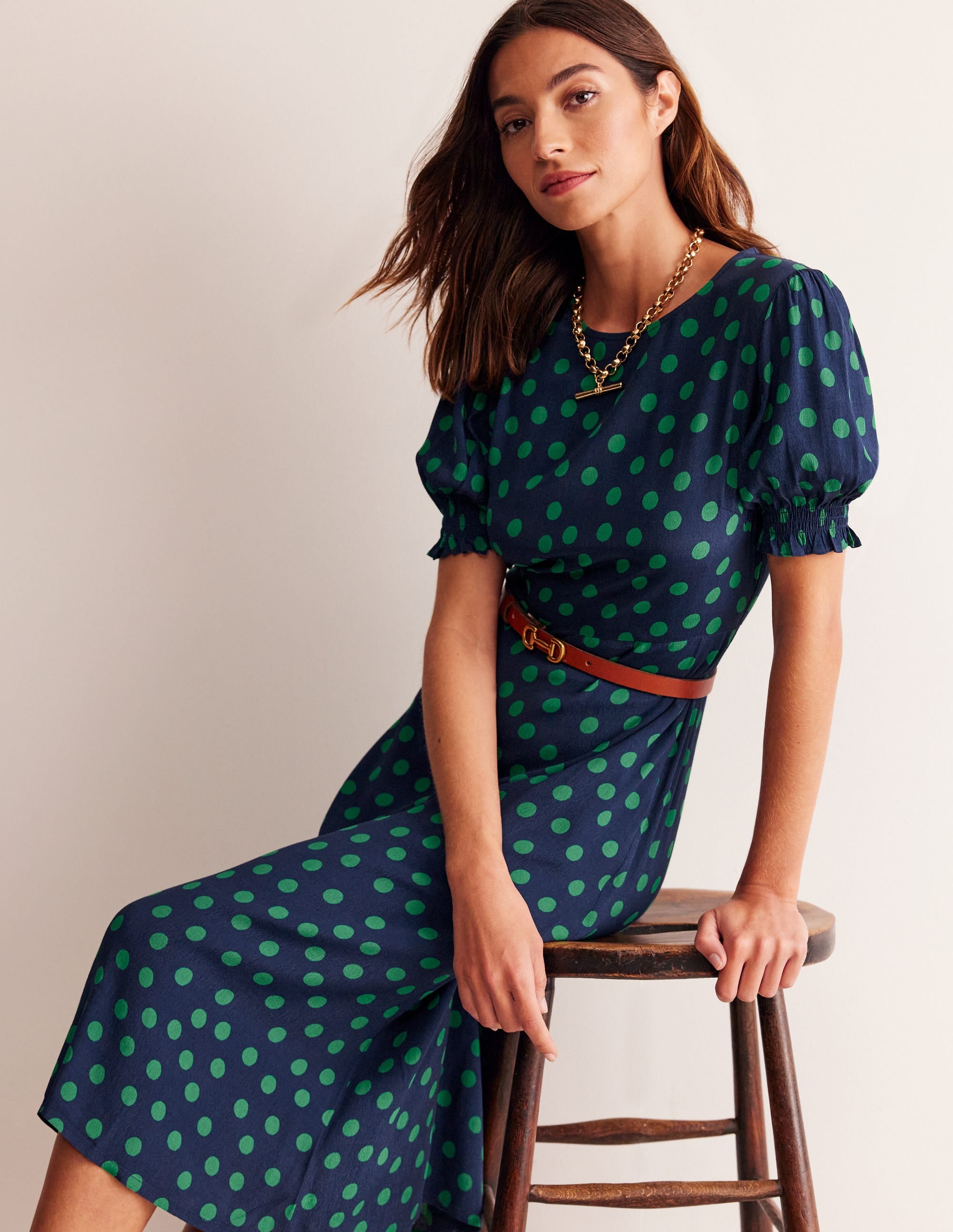 Corinne Midi Tea Dress-Navy, Abstract Dot - Image 1