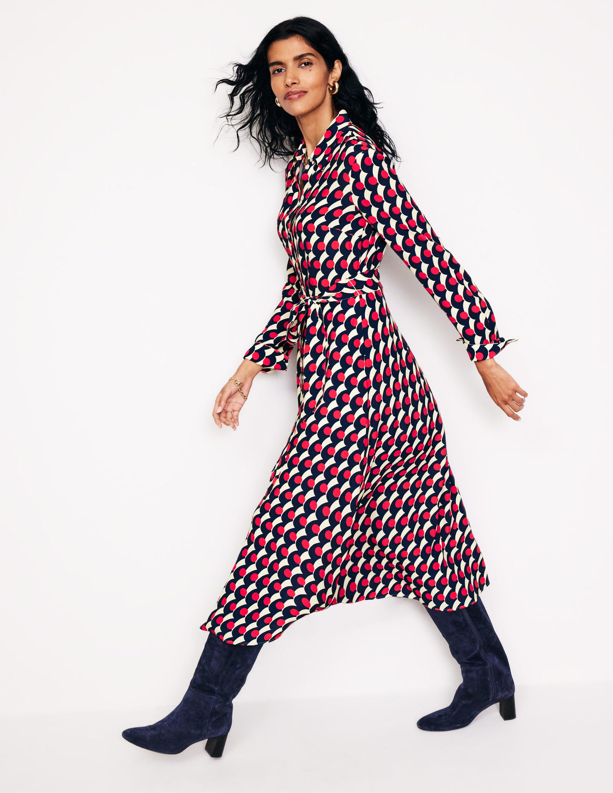 Kate Midi Shirt Dress-Red, Polka Wave - Image 1