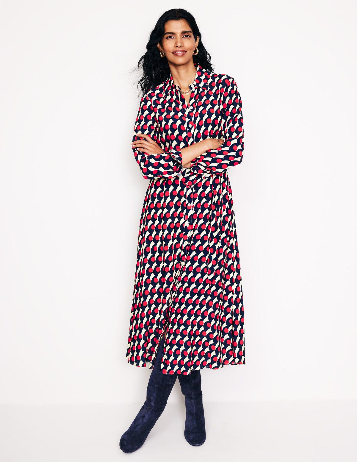 Kate Midi Shirt Dress-Red, Polka Wave - Image 2