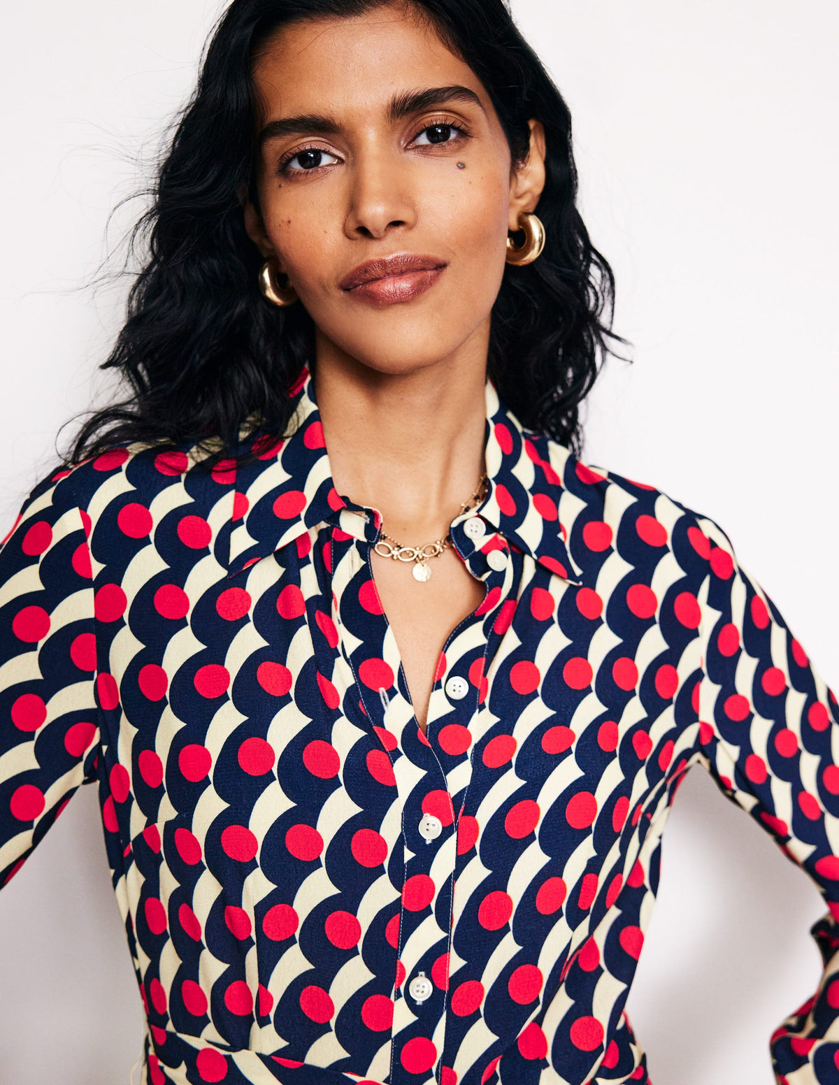 Kate Midi Shirt Dress-Red, Polka Wave - Image 3