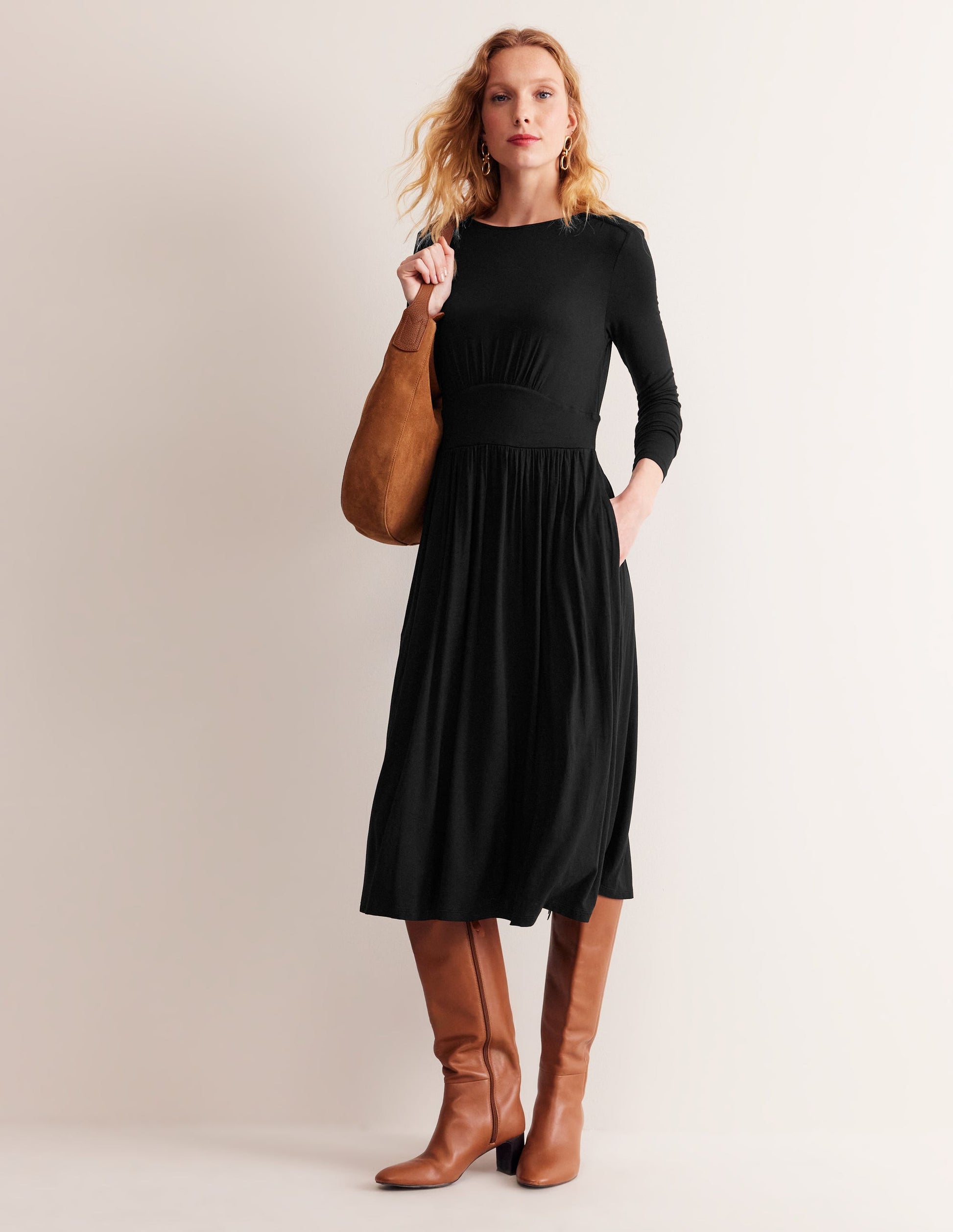 Thea Long Sleeve Midi Dress-Black-4