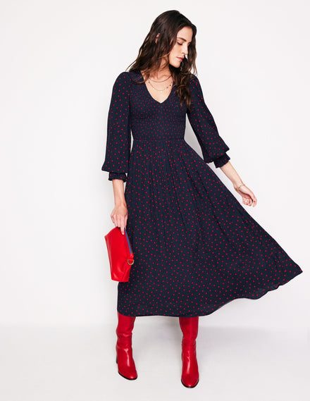 Gemma Smocked Midi Dress-High Risk Red, Abstract Dot