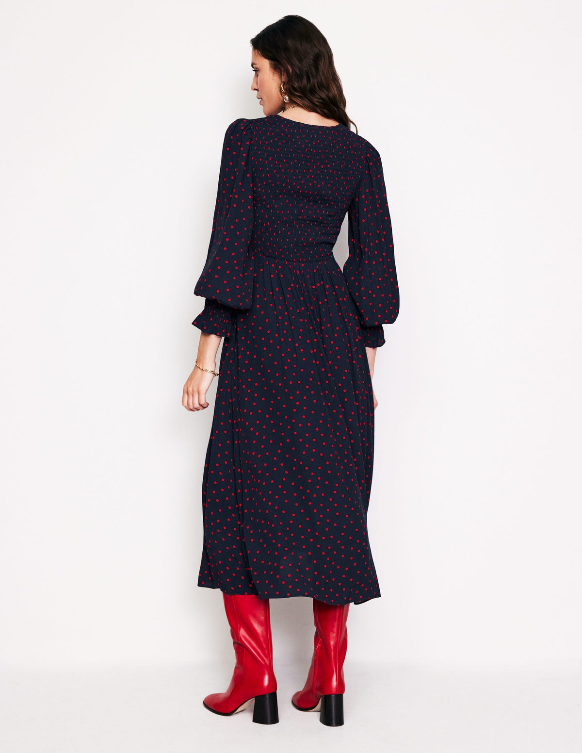 Gemma Smocked Midi Dress-High Risk Red, Abstract Dot - Image 3