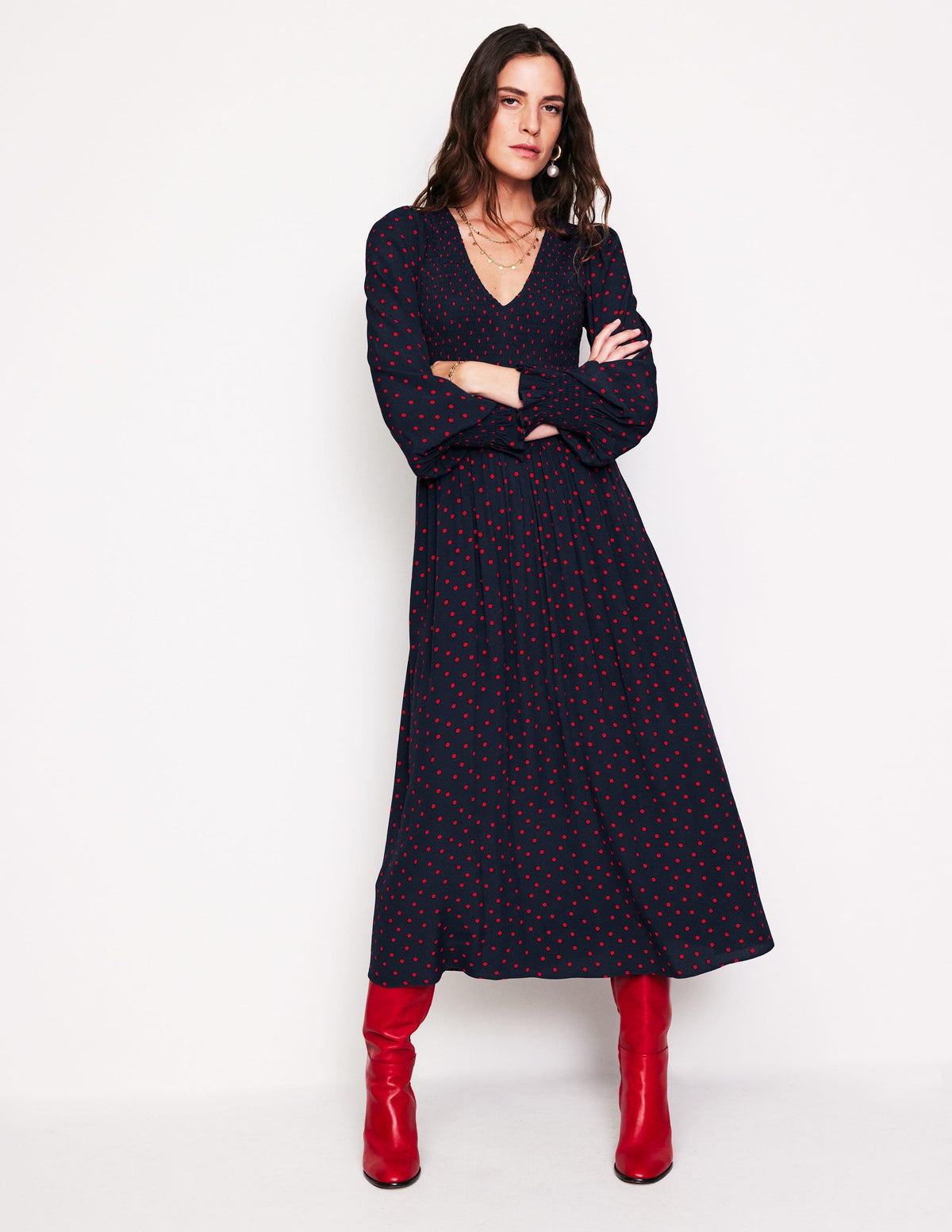 Gemma Smocked Midi Dress-High Risk Red, Abstract Dot - Image 4