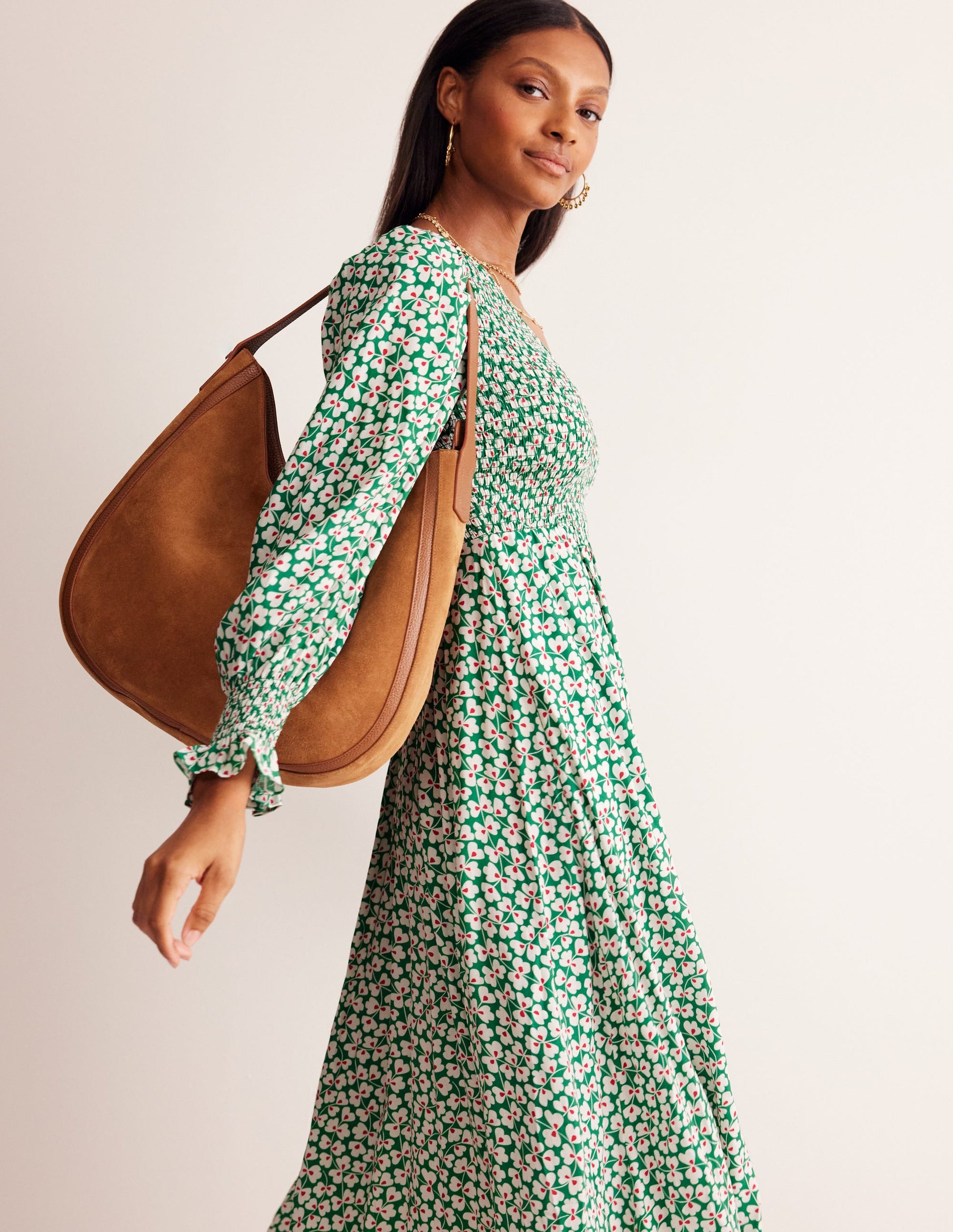 Gemma Smocked Midi Dress-Green Tambourine, Clover Whirl-1