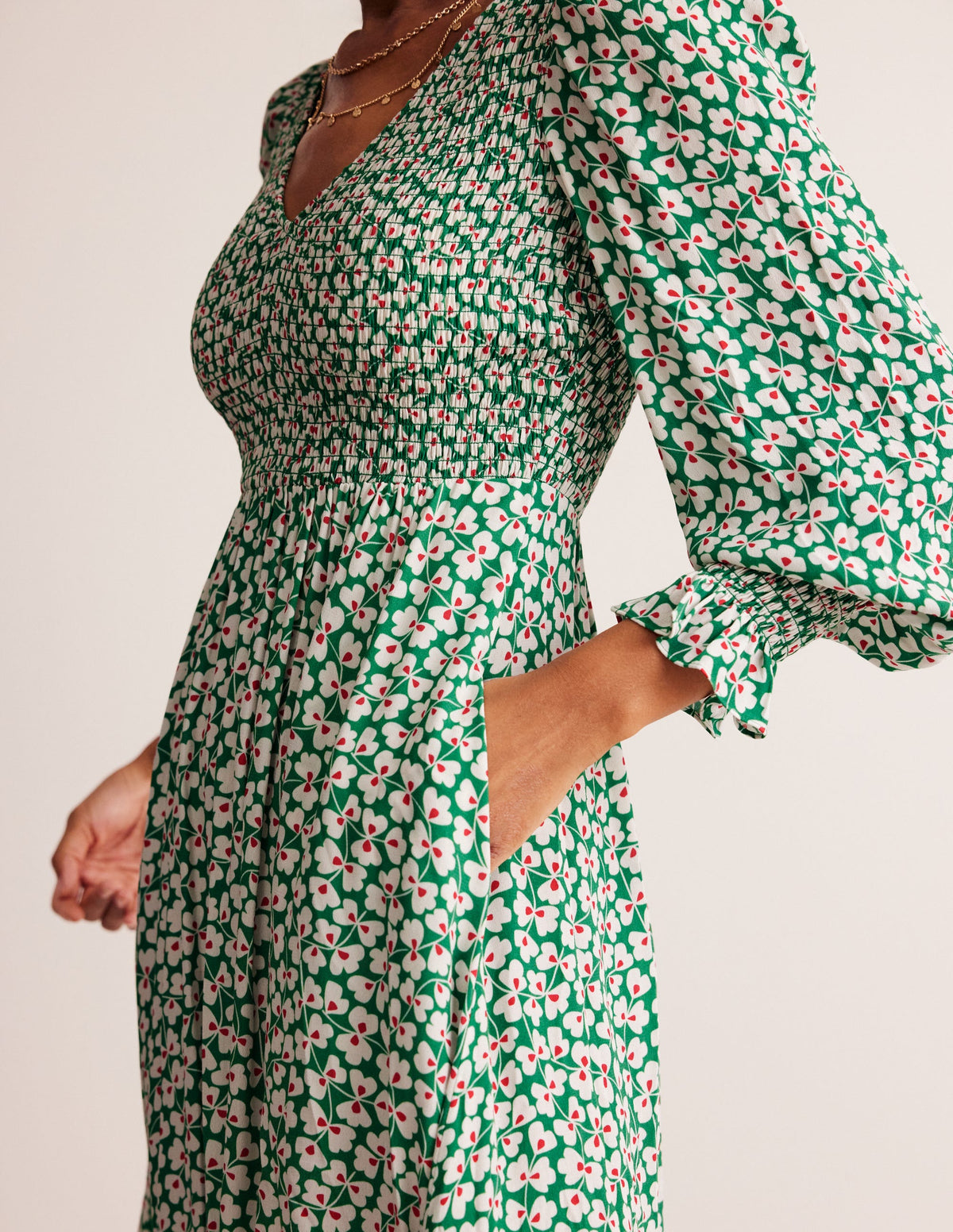 Gemma Smocked Midi Dress-Green Tambourine, Clover Whirl - Image 2