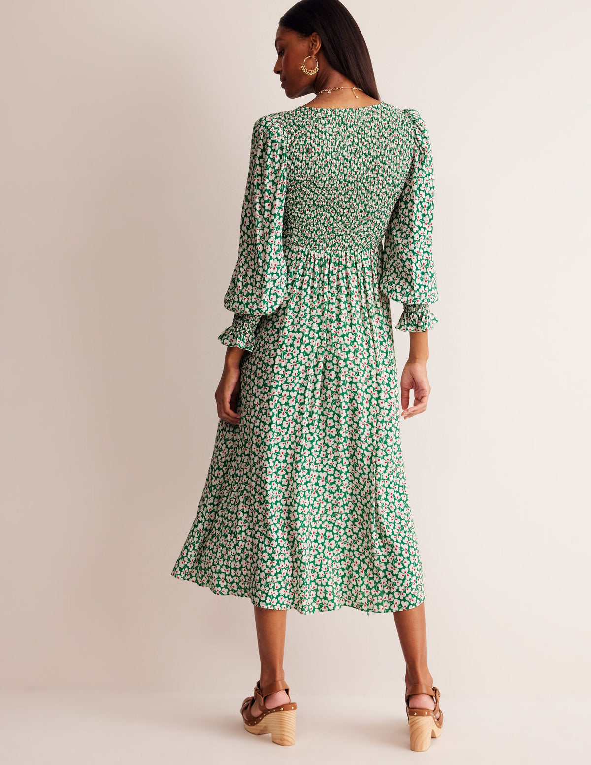 Gemma Smocked Midi Dress-Green Tambourine, Clover Whirl - Image 3