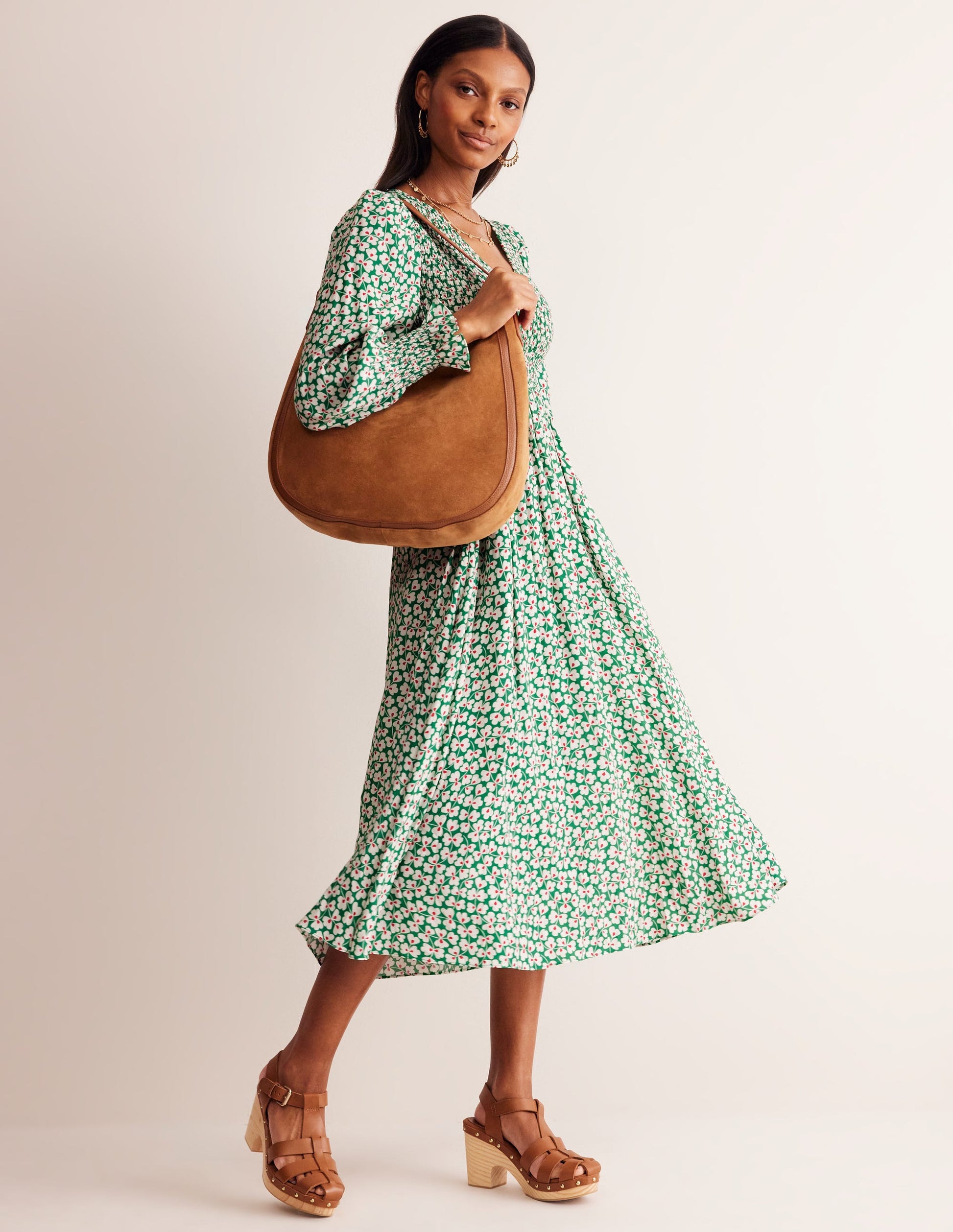 Gemma Smocked Midi Dress-Green Tambourine, Clover Whirl-4