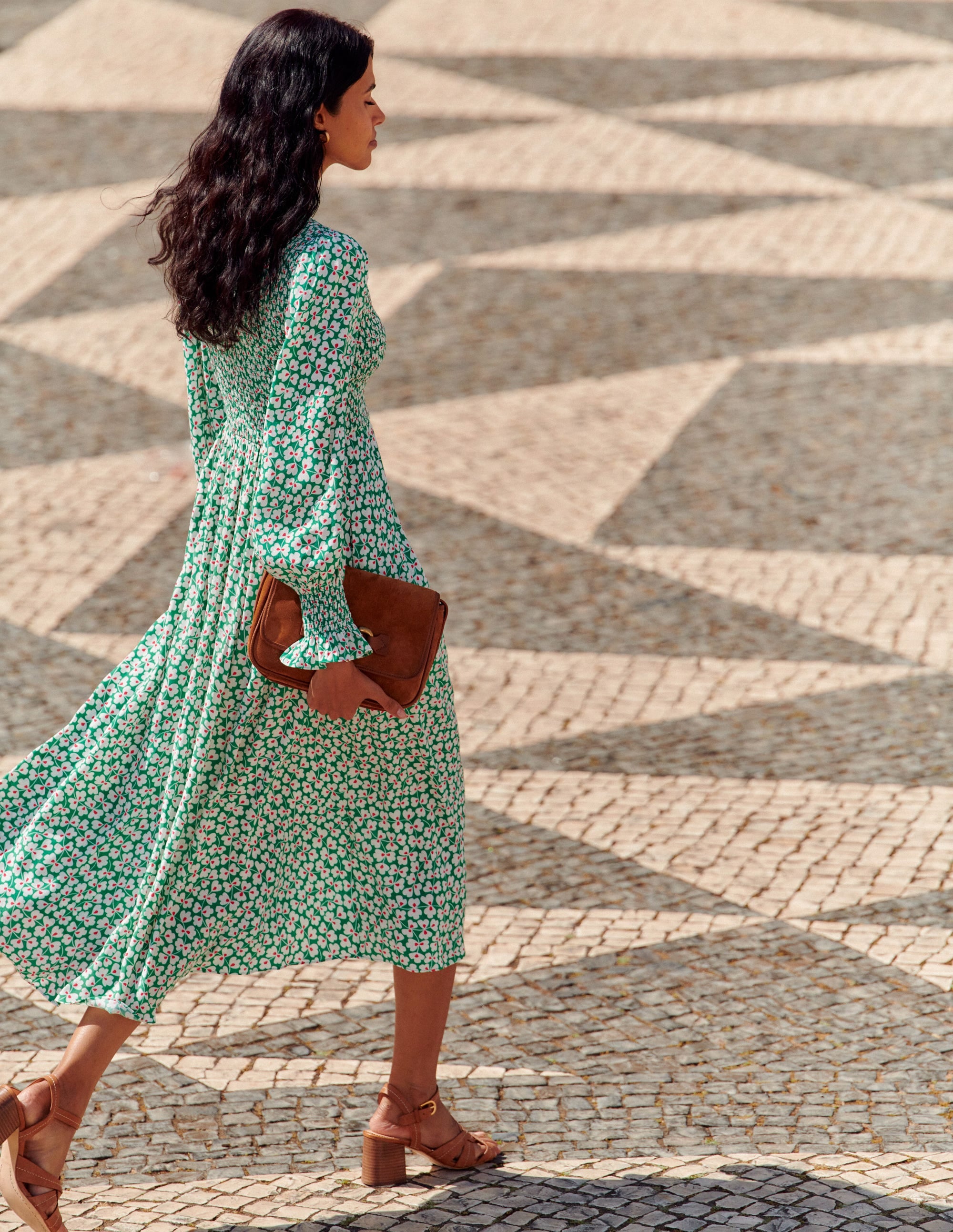 Gemma Smocked Midi Dress-Green Tambourine, Clover Whirl - Image 5