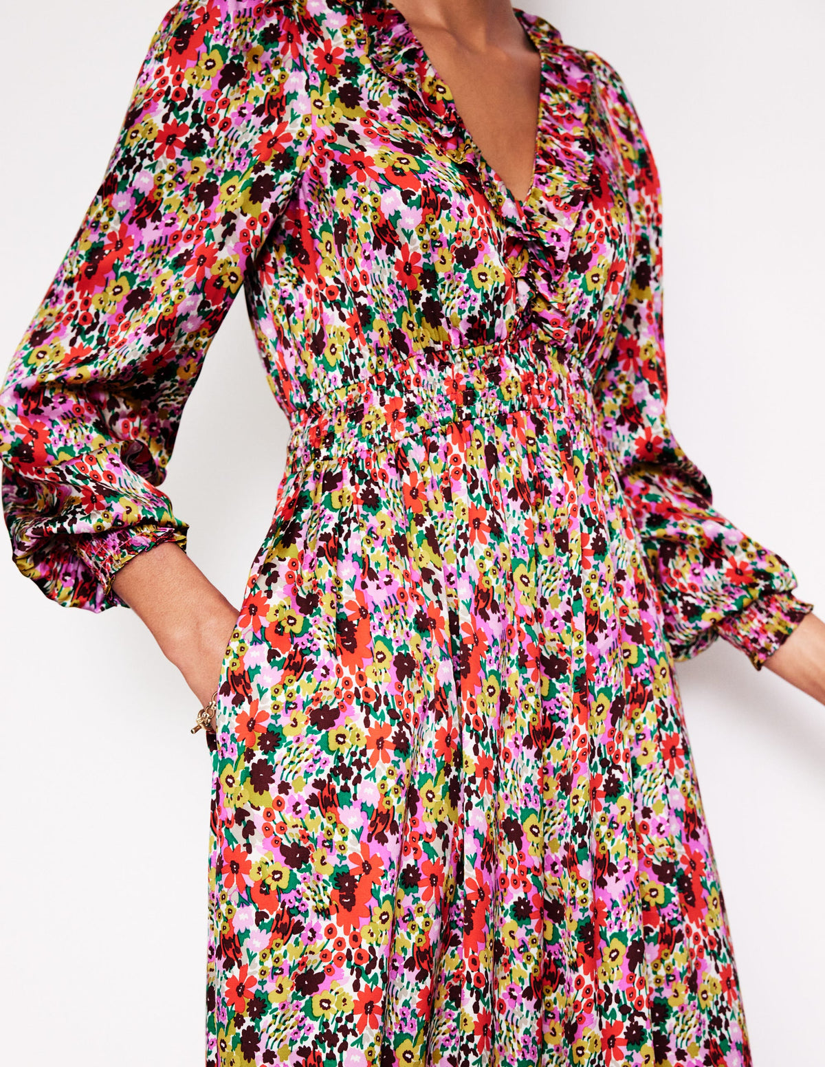 Shirred Ruffle Midi Dress-Multi, Meadow Pop - Image 2