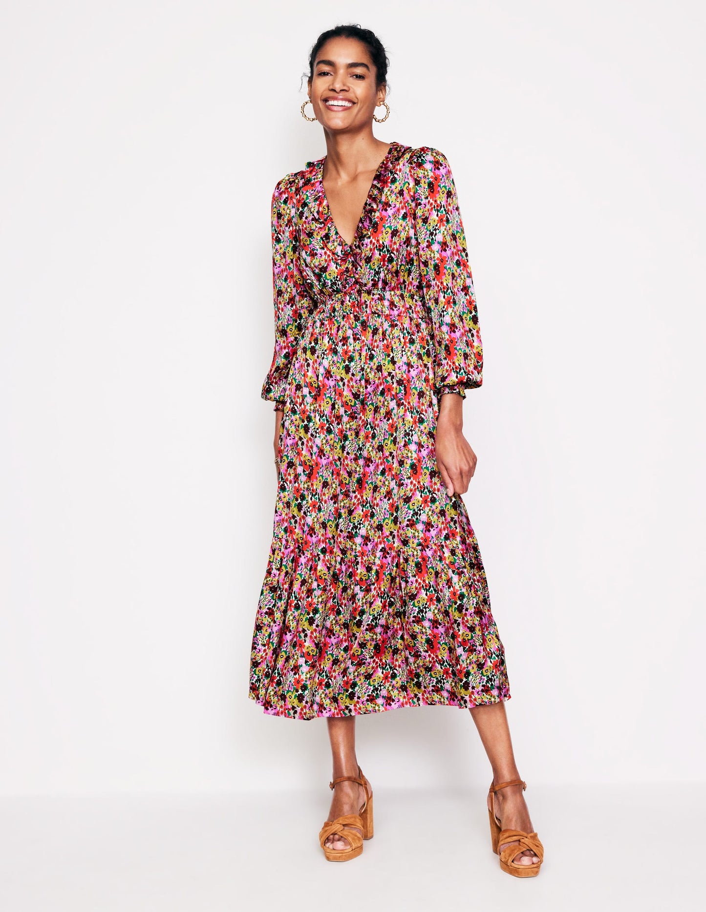 Shirred Ruffle Midi Dress-Multi, Meadow Pop