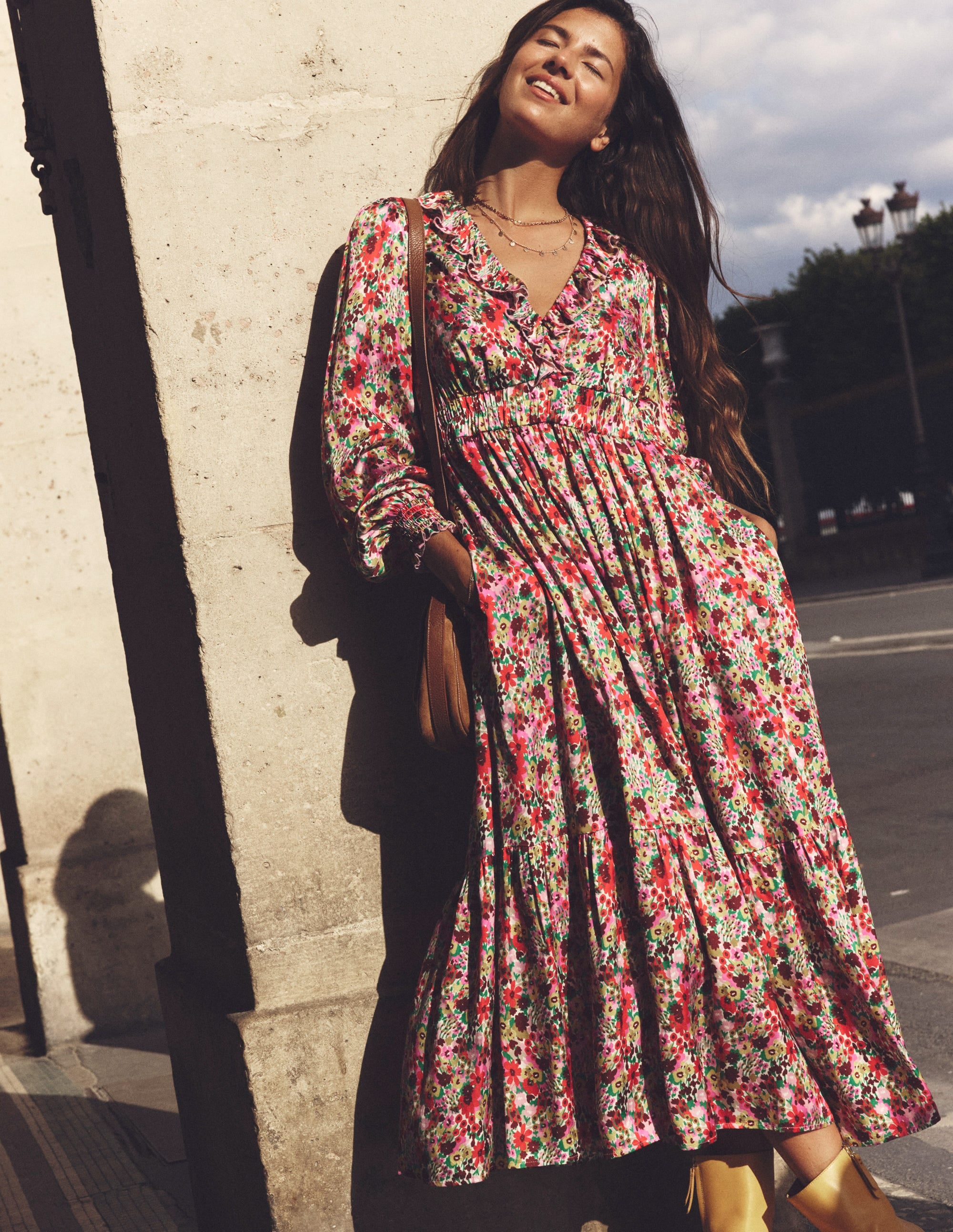 Shirred Ruffle Midi Dress-Multi, Meadow Pop - Image 5