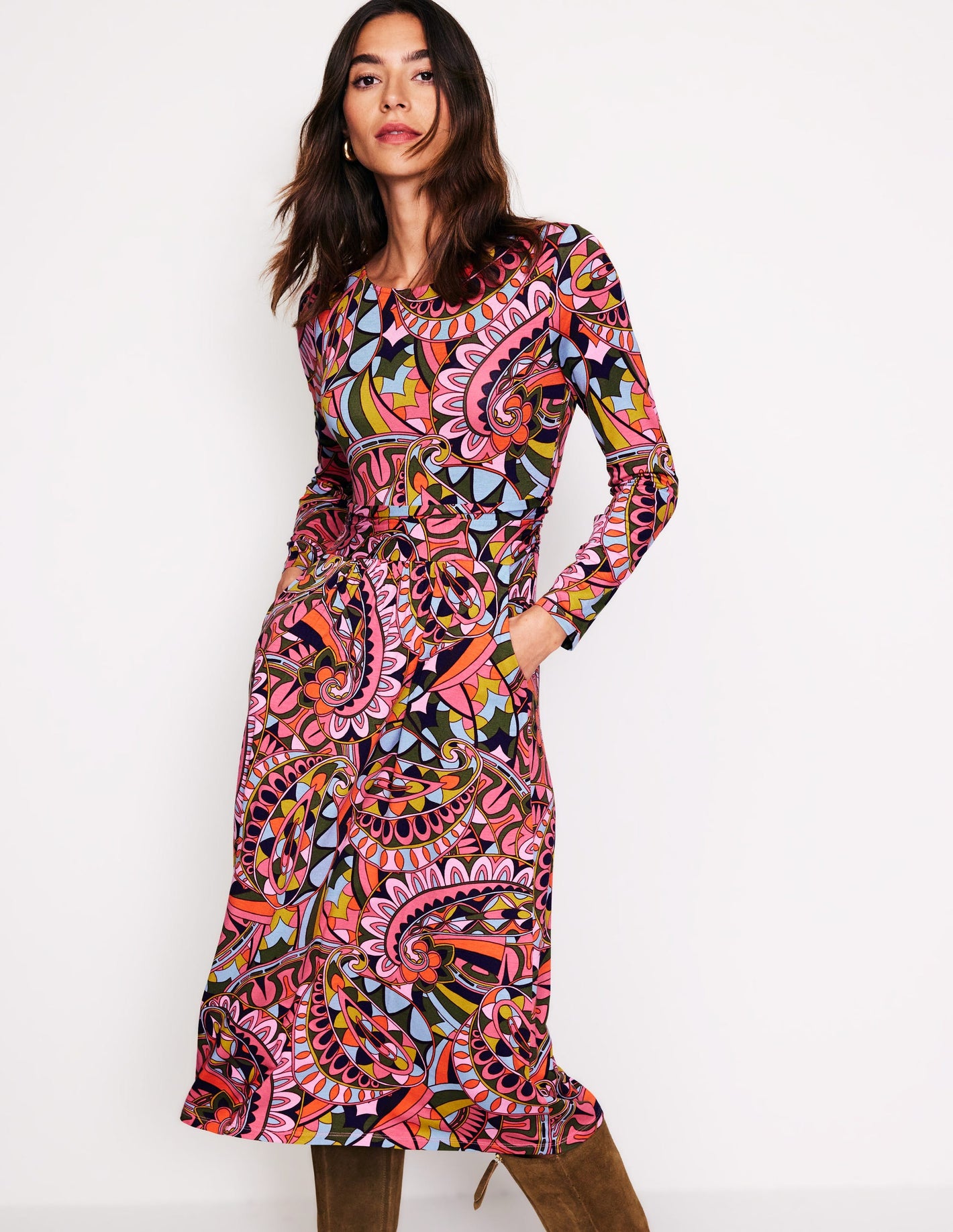 Amelie Long Sleeve Midi Dress-Multi, Kaleidoscopic Paisley