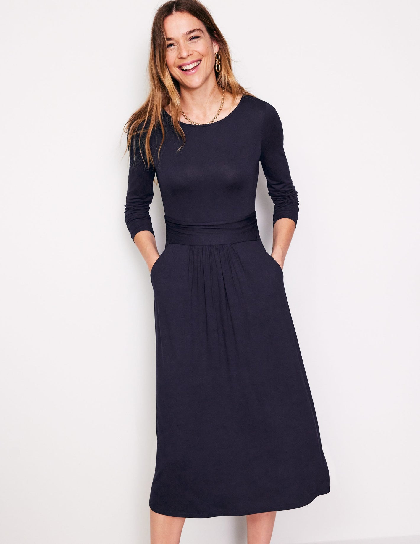 Amelie Long Sleeve Midi Dress-Navy