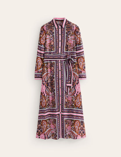 Scarf Print Shirt Dress-French Navy, Tiger Bloom