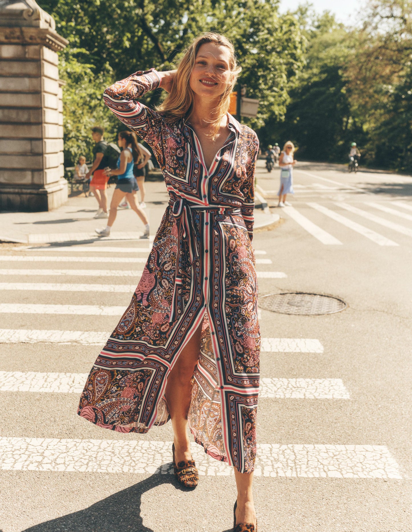 Scarf Print Shirt Dress-French Navy, Tiger Bloom