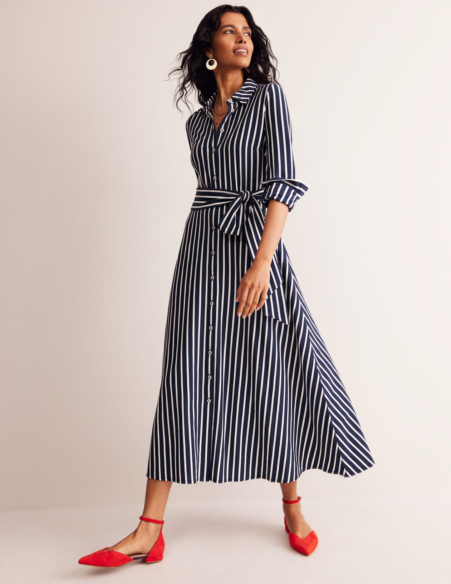 Marcia Jersey Midi Shirt Dress-Navy, Ivory Stripe