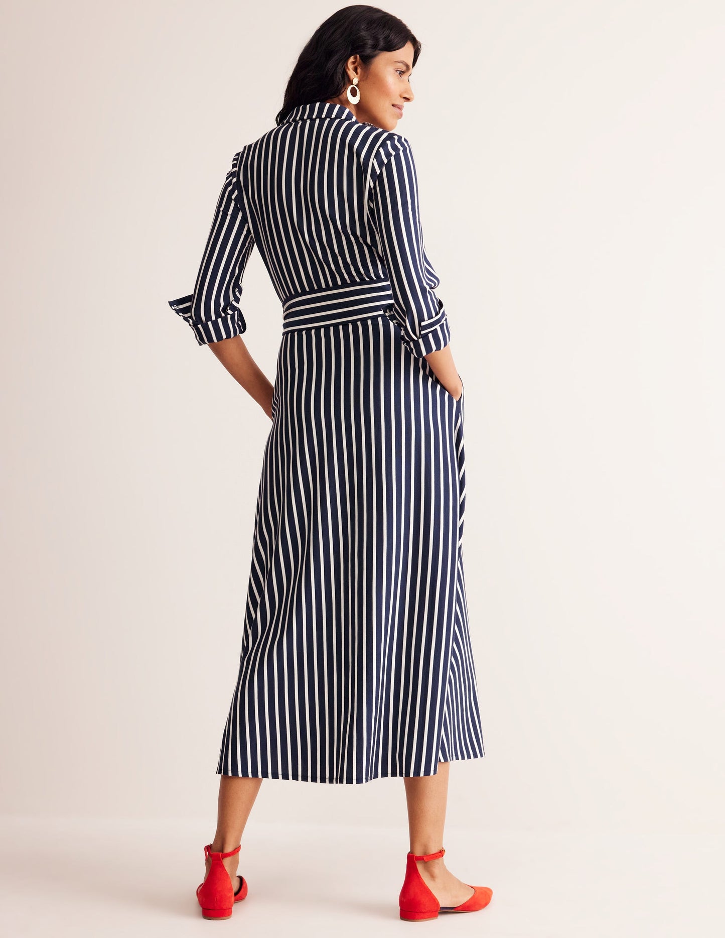 Marcia Jersey Midi Shirt Dress-Navy, Ivory Stripe