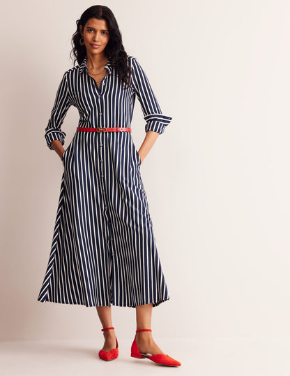 Marcia Jersey Midi Shirt Dress-Navy, Ivory Stripe