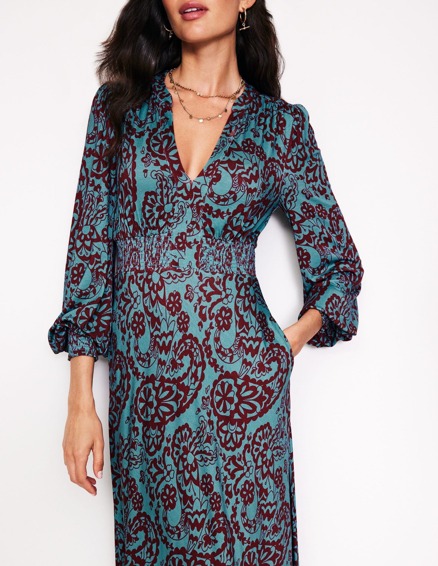 Ivy Smocked Midi Dress-Blue Grass, Paisley Cascade