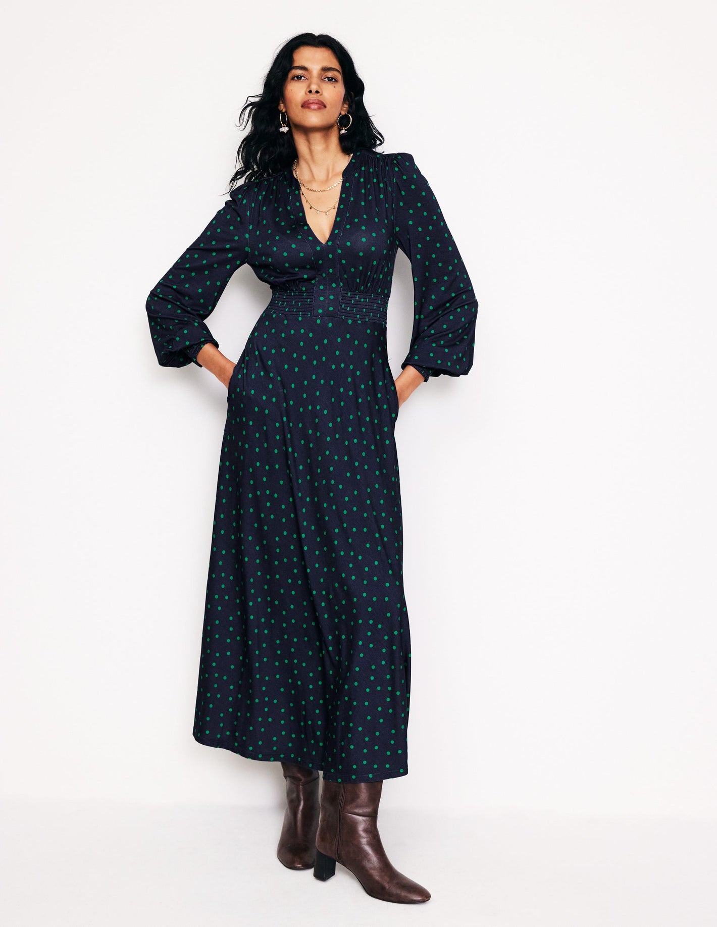 Ivy Smocked Midi Dress-Navy, Sparse Spot