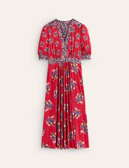 Lily Jersey Midi Tea Dress-Bright Ruby, Poppy Bouquet