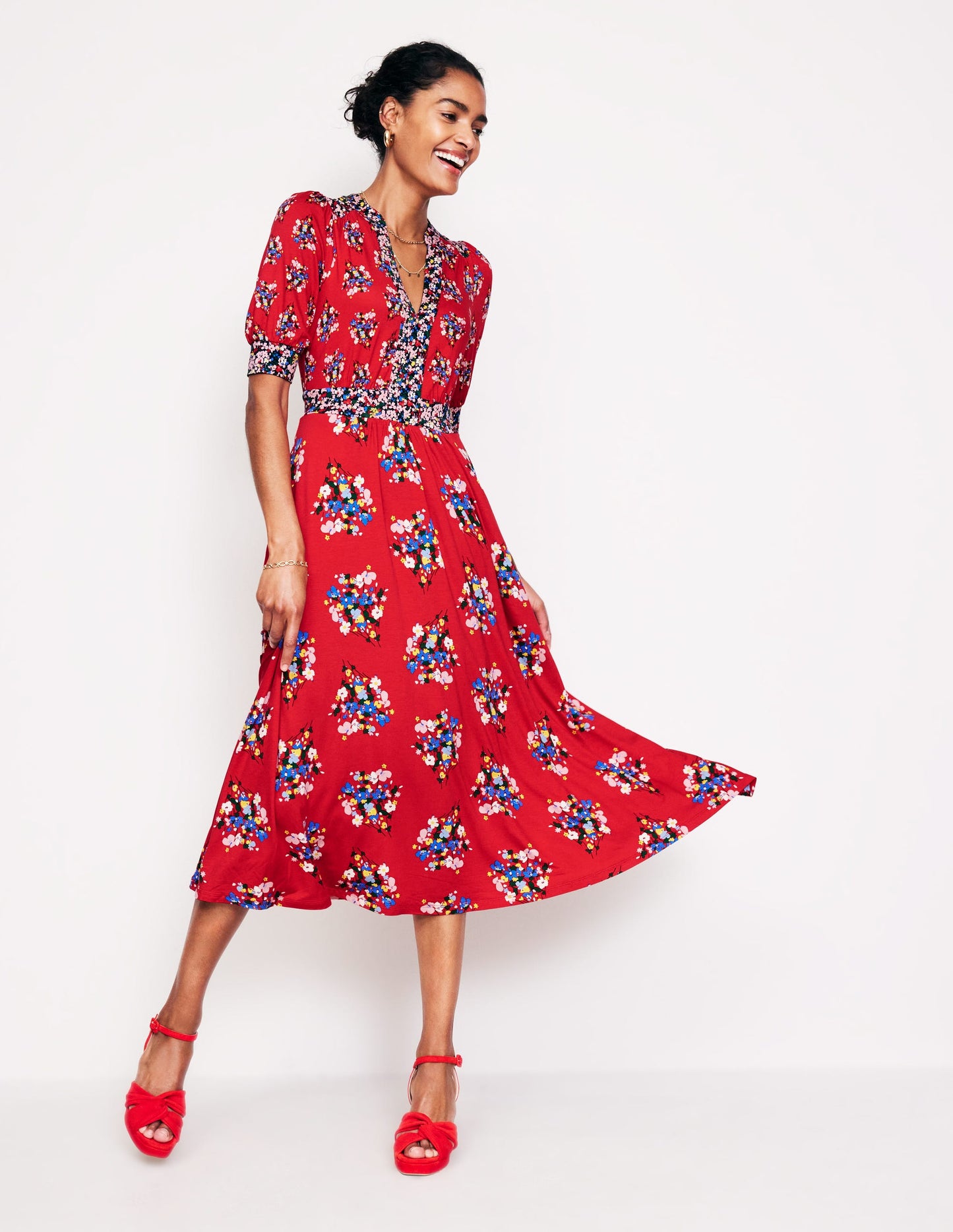 Lily Jersey Midi Tea Dress-Bright Ruby, Poppy Bouquet