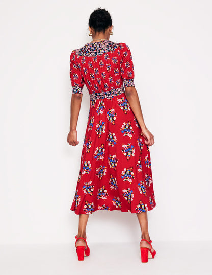 Lily Jersey Midi Tea Dress-Bright Ruby, Poppy Bouquet