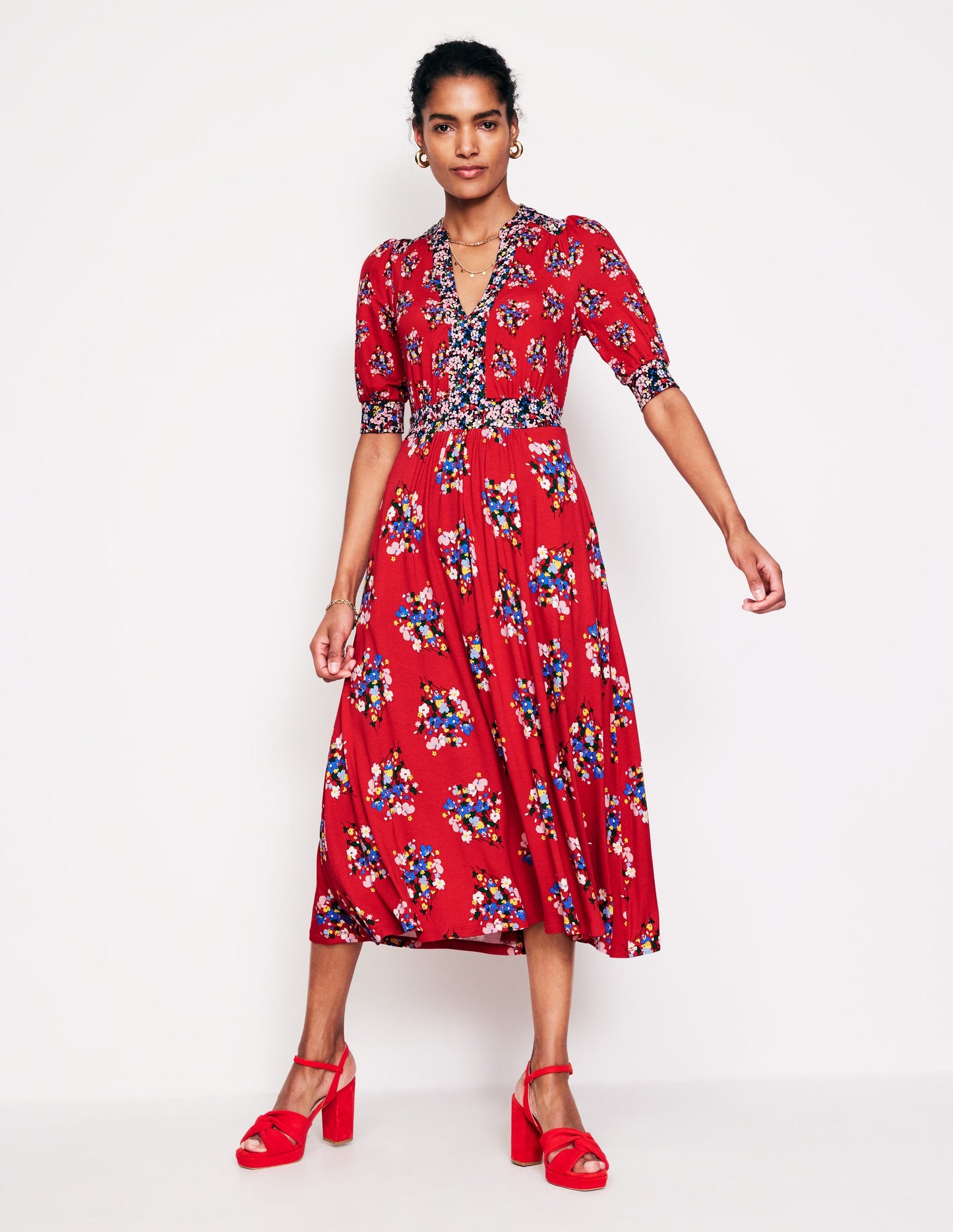 Lily Jersey Midi Tea Dress-Bright Ruby, Poppy Bouquet