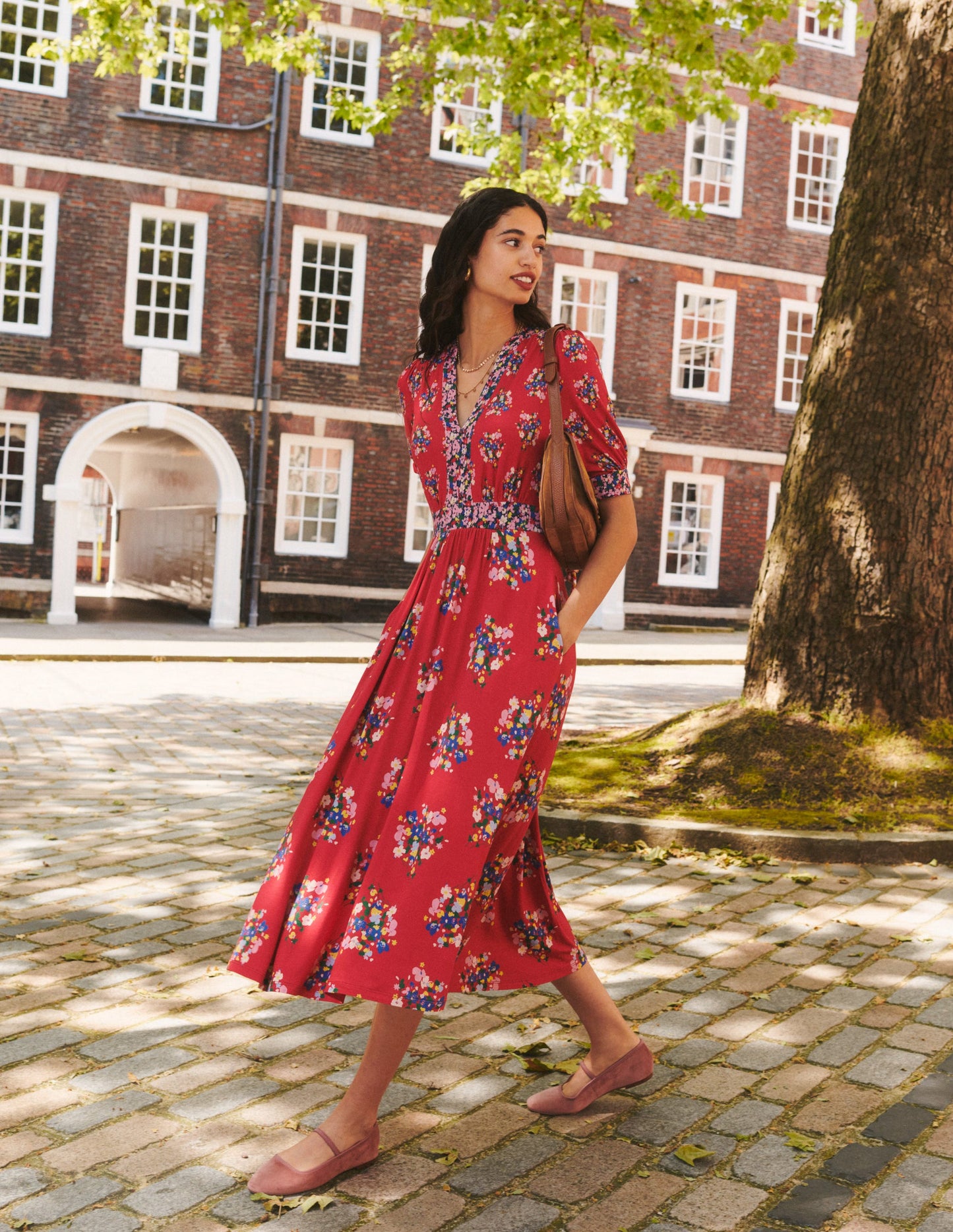 Lily Jersey Midi Tea Dress-Bright Ruby, Poppy Bouquet