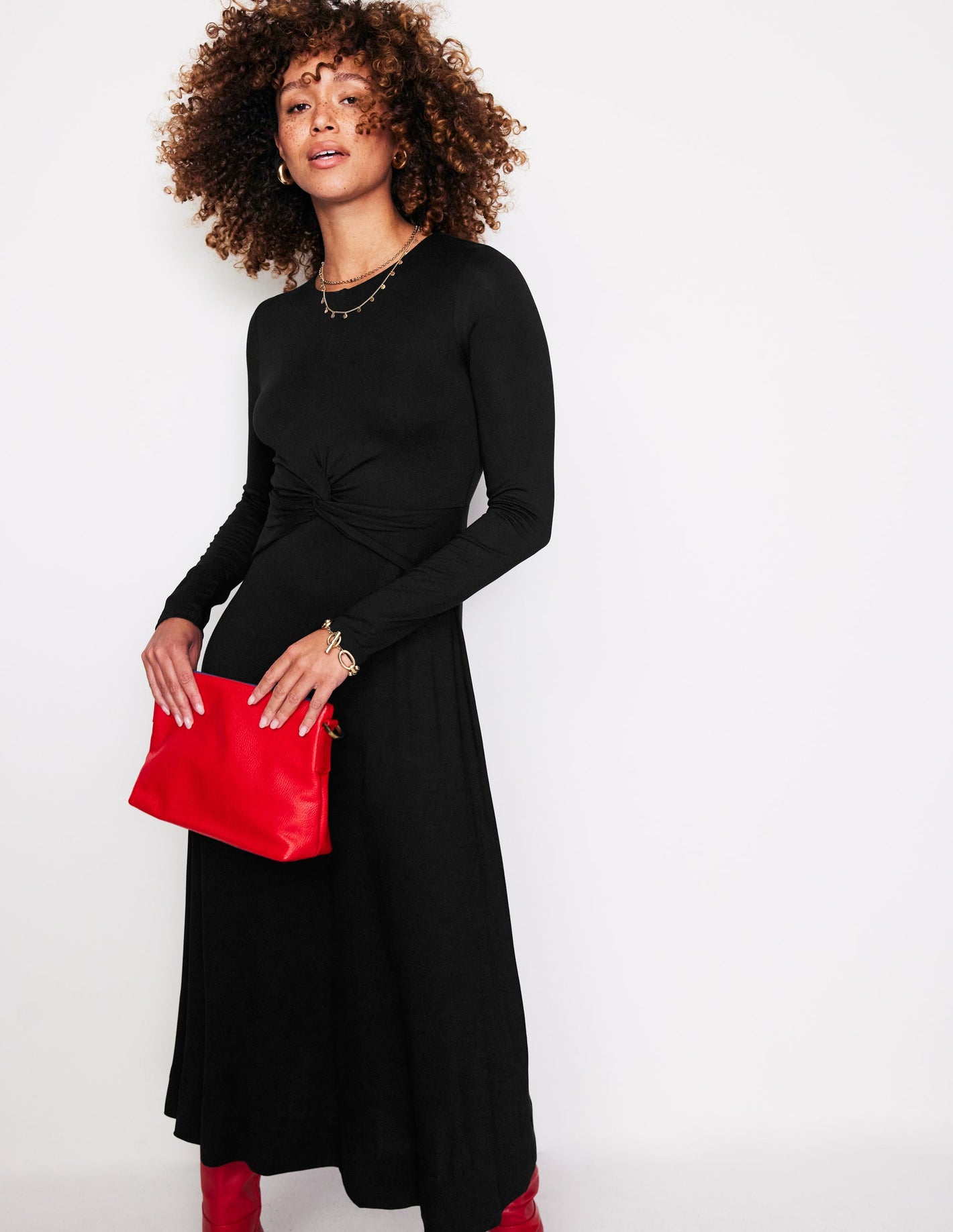 Twisted Waist Jersey Dress-Black