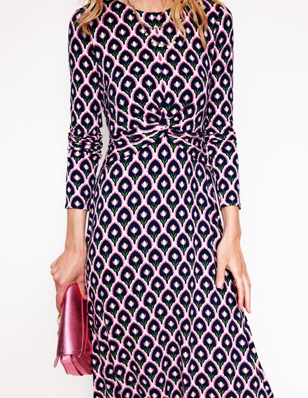 Twisted Waist Jersey Dress-Navy, Tulip Scallop