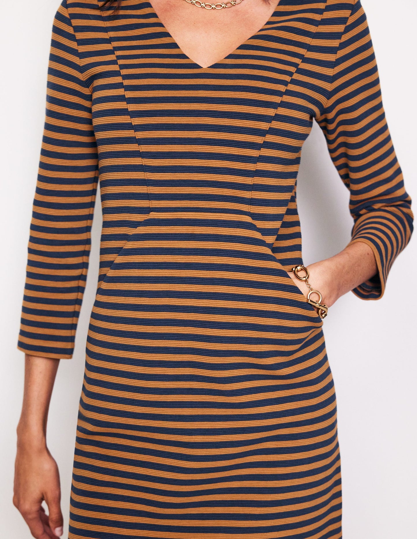 Bronte Ottoman Dress-Ochre, Navy Stripe