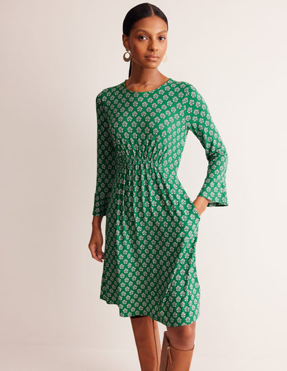 Flute Sleeve Jersey Dress-Rich Emerald, Pome Stamp