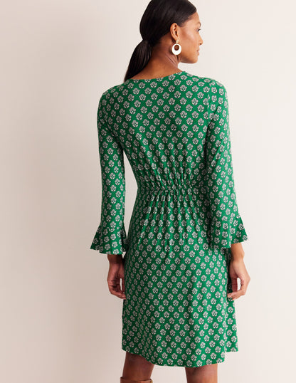 Flute Sleeve Jersey Dress-Rich Emerald, Pome Stamp