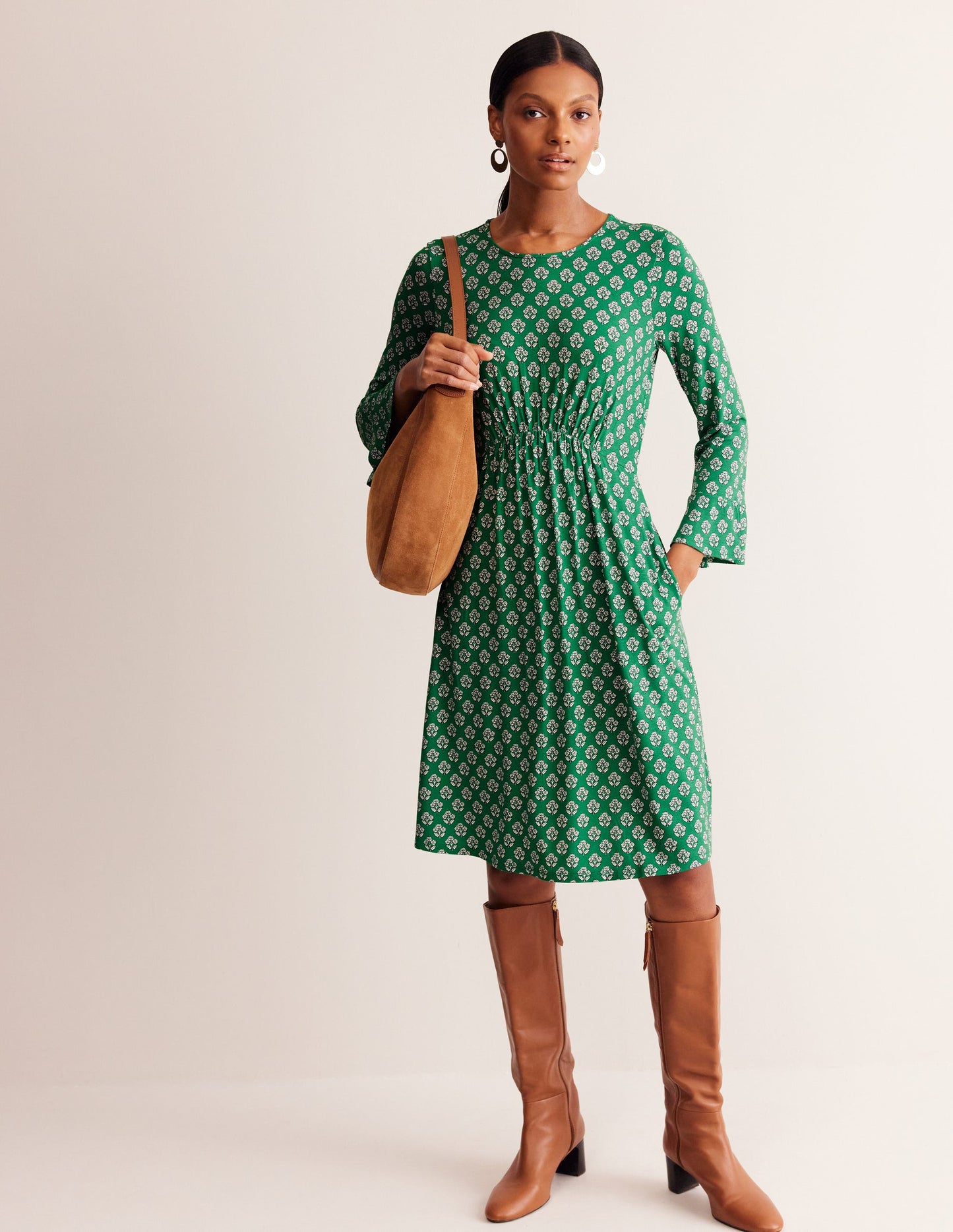 Flute Sleeve Jersey Dress-Rich Emerald, Pome Stamp