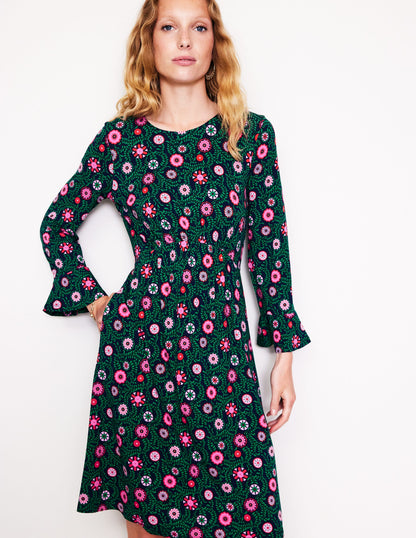 Flute Sleeve Jersey Dress-Navy, Meadow Vine