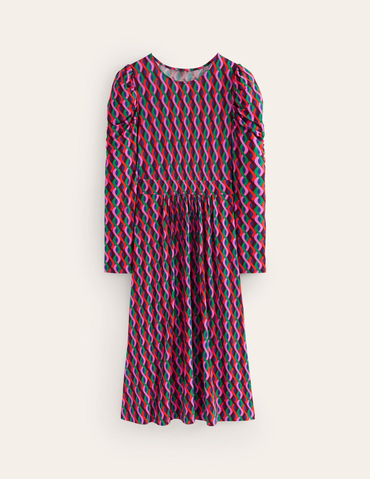Puff Sleeve Blouson Dress-Pink, Trellis Wave - Image 6