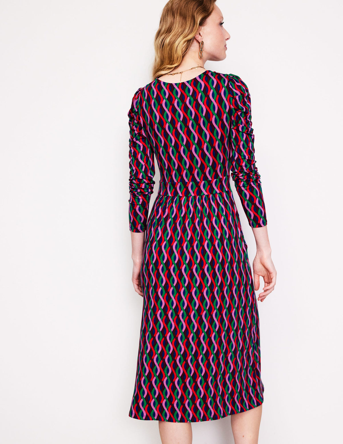 Puff Sleeve Blouson Dress-Pink, Trellis Wave - Image 4