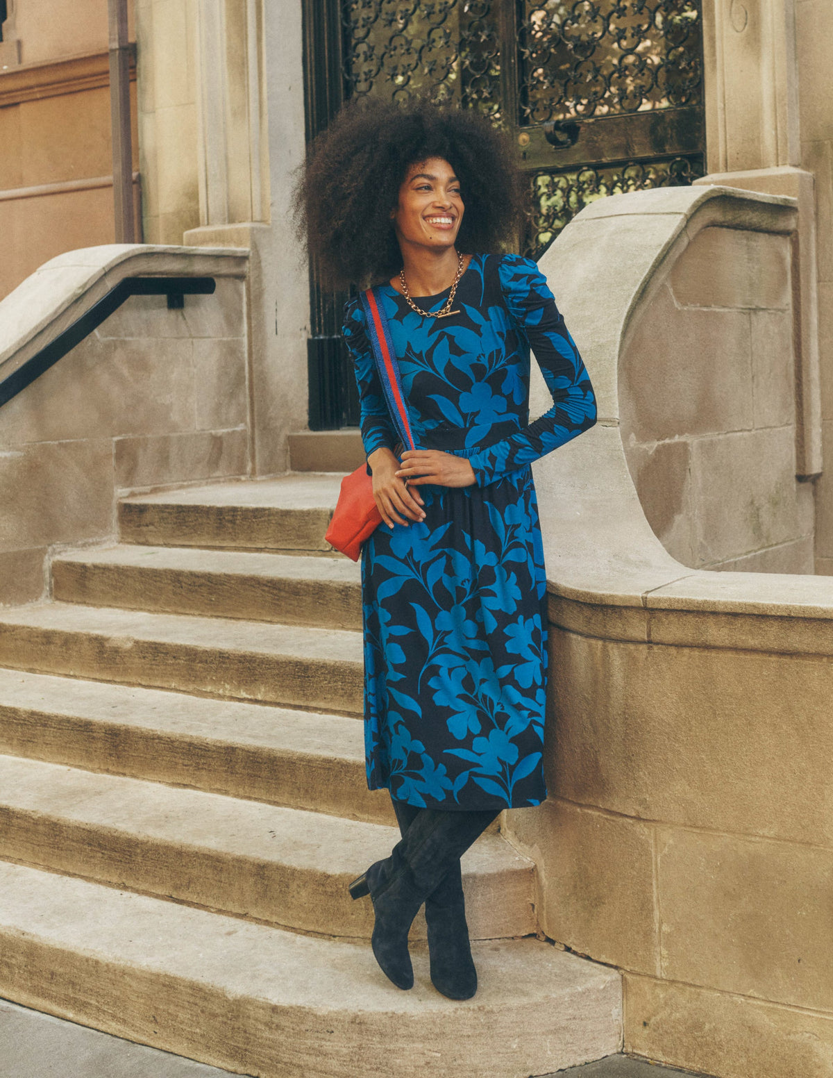 Puff Sleeve Blouson Dress-Navy, Silhouette Bloom - Image 5