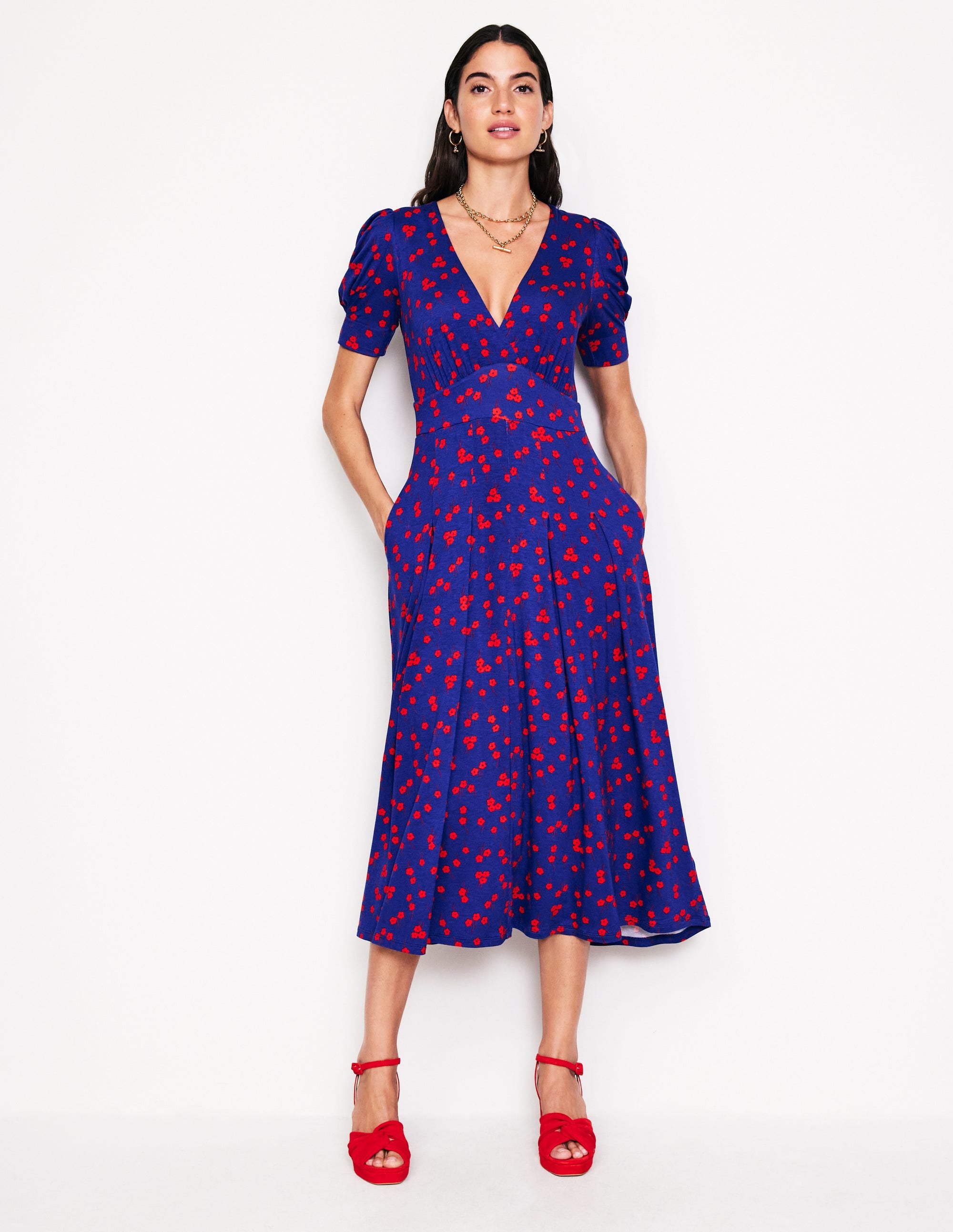 Kristen Pleated Jersey Dress-Sapphire Blue, Fall Sprig - Image 2