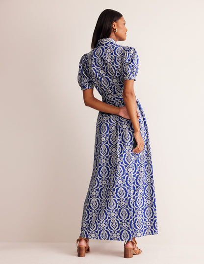 Alexa Maxi Shirt Dress-Mazarine Blue, Foliage Stamp