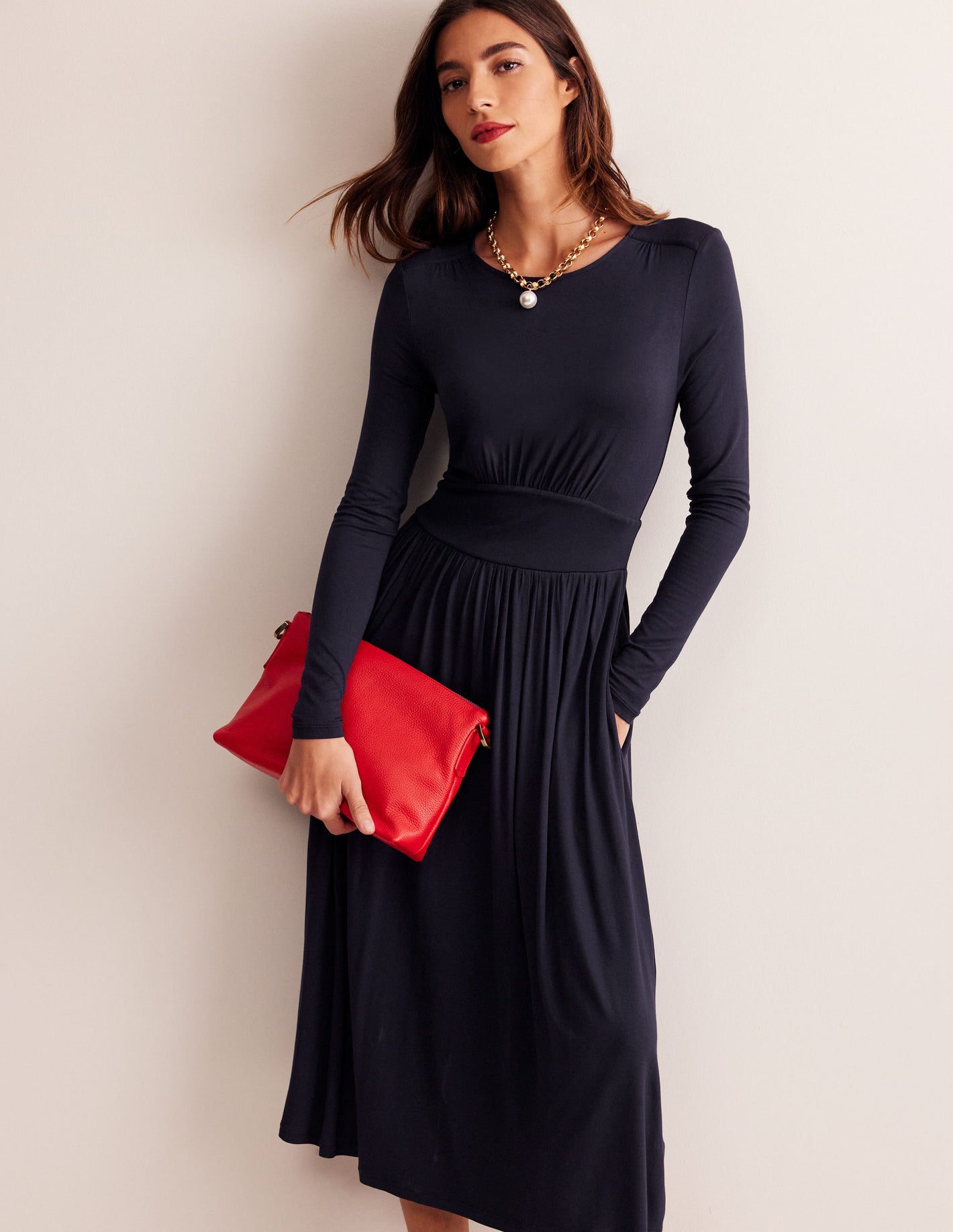 Thea Long Sleeve Jersey Dress-Navy