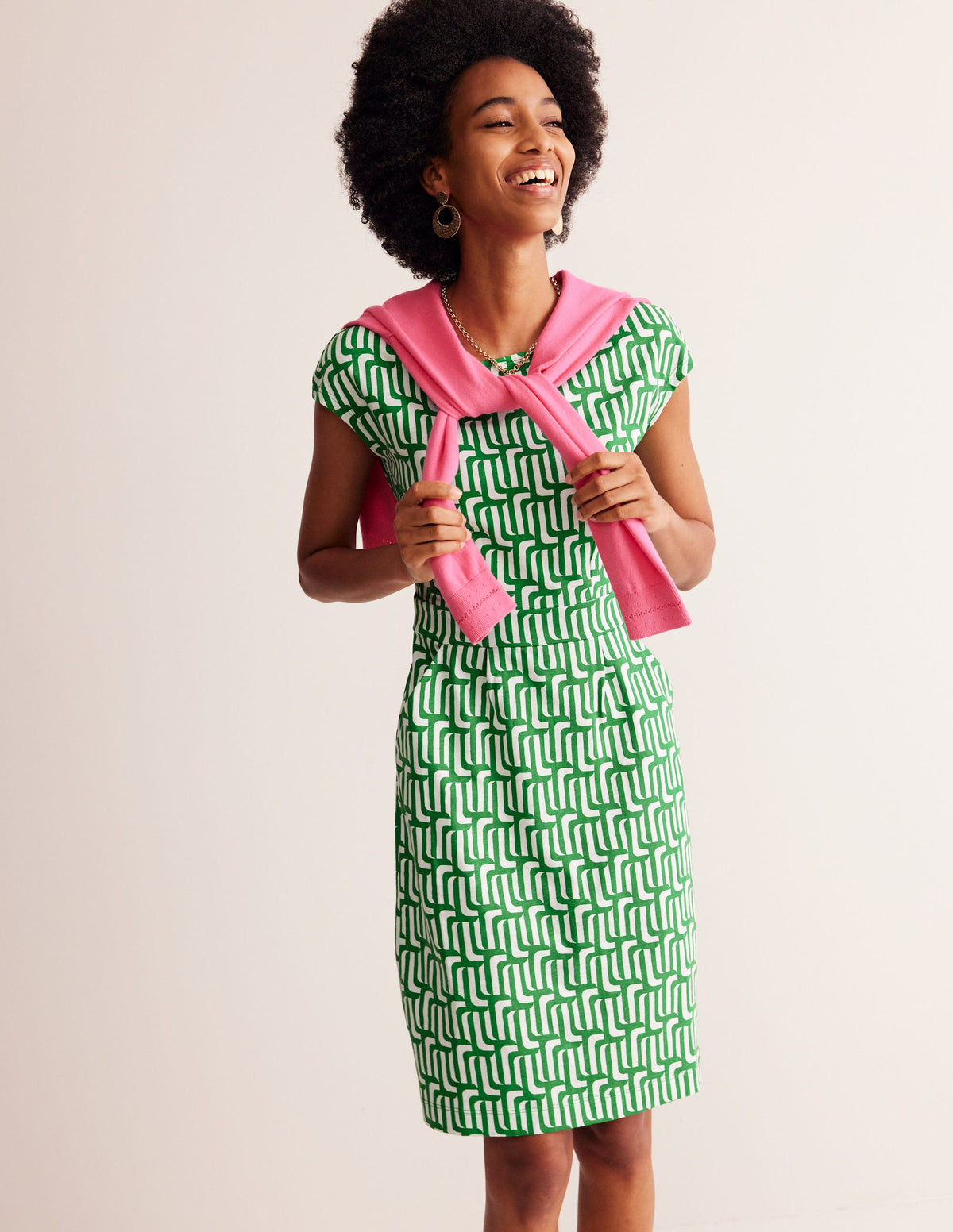 Florrie Jersey Dress-Rich Emerald, Falling Geo - Image 1
