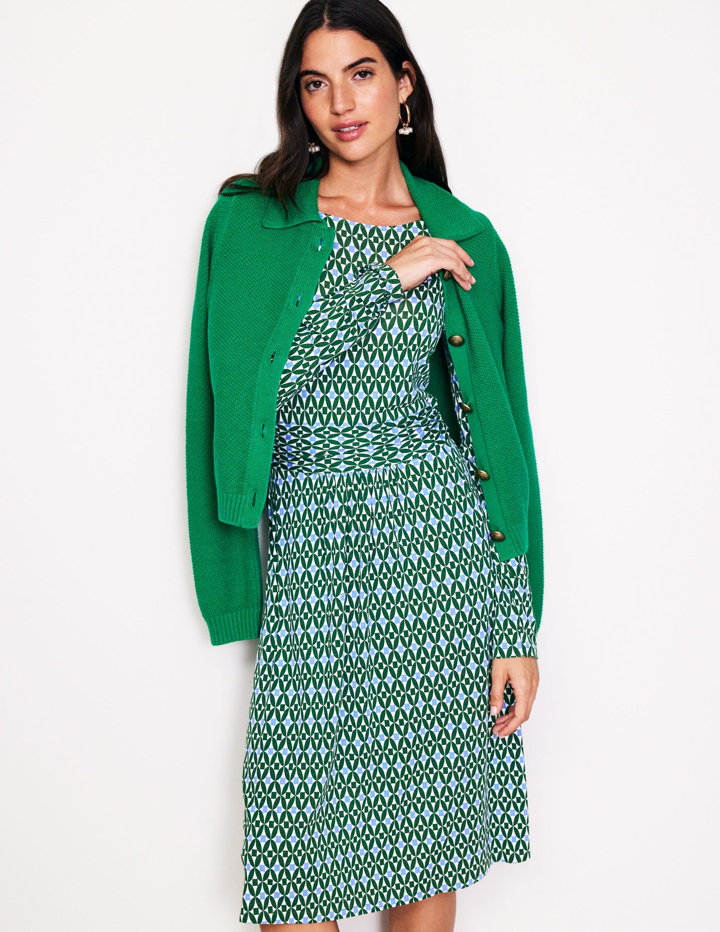 Amelie Long Sleeve Dress-Pine, Diamond Trellis