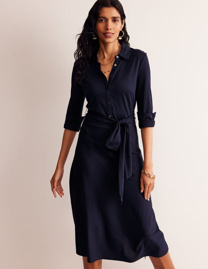 Laura Jersey Midi Shirt Dress-Navy