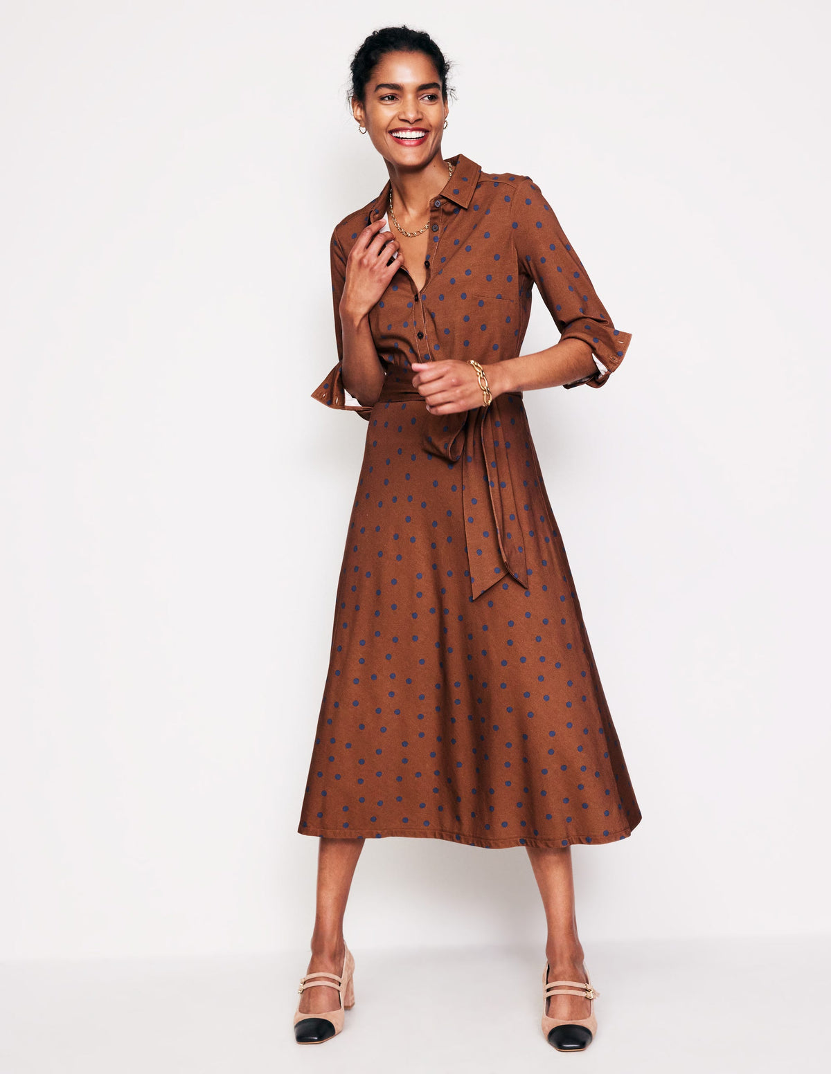 Laura Jersey Midi Shirt Dress-Autumn Brown, Sparse Spot - Image 1