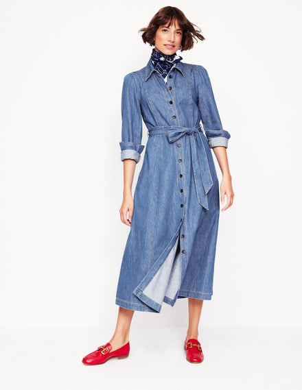 Aubrey Denim Midi Shirt Dress-Light Vintage Denim