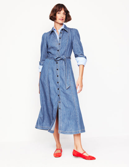 Aubrey Denim Midi Shirt Dress-Light Vintage Denim