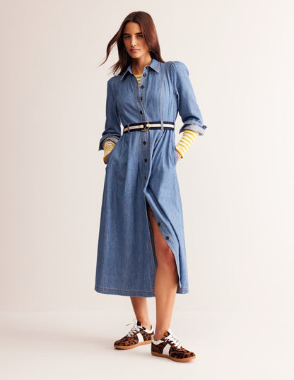 Aubrey Denim Midi Shirt Dress-Light Vintage Denim